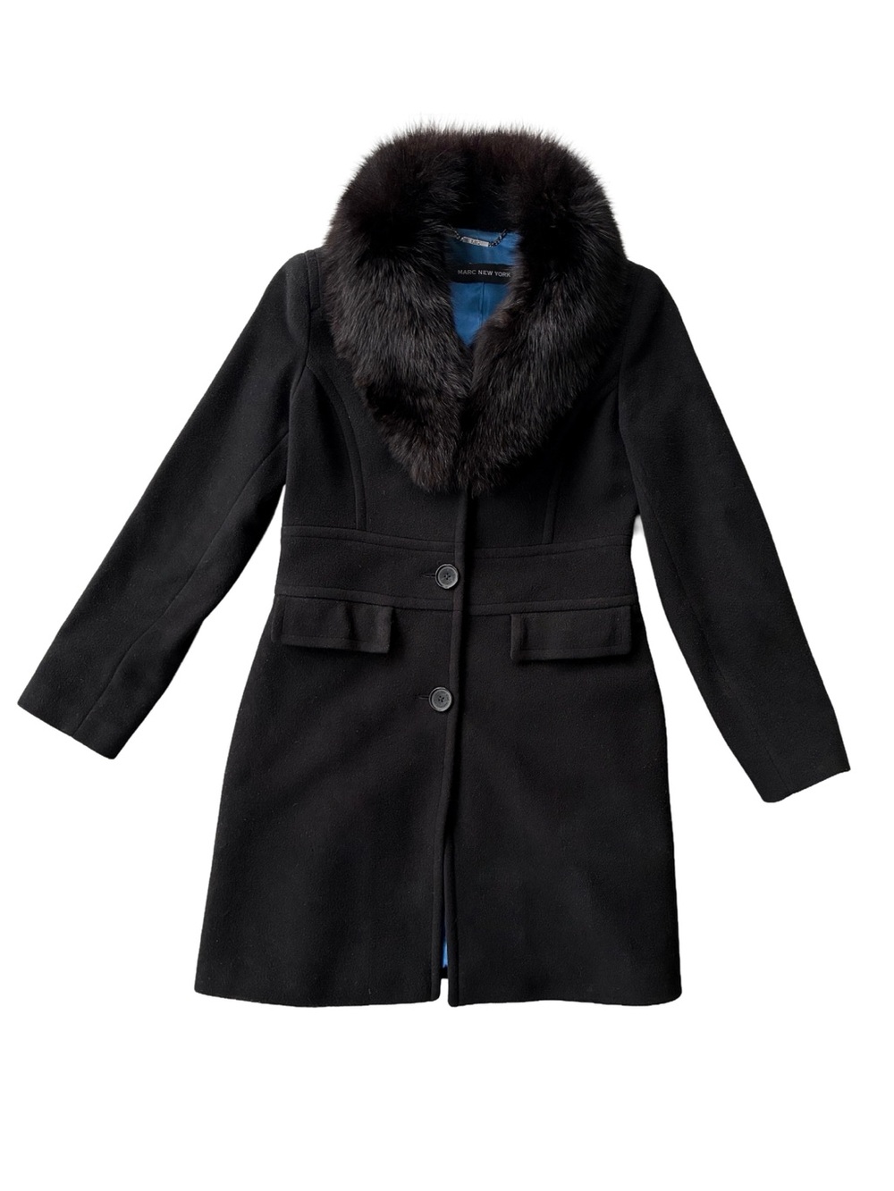 Marc New York Black Wool & Cashmere Coat with Black Fox Fur Collar | Size XS